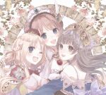  3girls atelier_(series) atelier_meruru atelier_rorona atelier_totori back_bow bare_shoulders beret blonde_hair blue_eyes blush bow breasts brown_hair cleavage crown dress flower hat jewelry kuromame_(honey_728) long_hair looking_at_viewer medium_breasts merurulince_rede_arls mini_crown multiple_girls necklace one_eye_closed open_mouth pink_hair red_bow rororina_fryxell short_hair smile totooria_helmold 