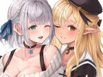  2girls black_choker black_dress black_jacket black_tank_top blonde_hair braid choker couple dark-skinned_female dark_skin dress elf french_braid green_eyes grey_dress grey_hair highres hololive jacket jewelry long_hair looking_at_viewer medium_hair mochi_rice_(mochi_rice33) multicolored_hair multiple_girls off-shoulder_sweater off_shoulder pendant pendant_choker pinstripe_dress pinstripe_pattern pointy_ears ribbed_sweater sailor_collar sailor_dress shiranui_flare shirogane_noel short_dress short_hair smile snowflake_pendant streaked_hair striped striped_dress sweater tank_top vertical-striped_dress vertical_stripes virtual_youtuber wavy_hair white_sailor_collar white_sweater 