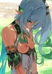  1girl aged_up bare_shoulders braid breasts breasts_out closed_mouth colored_tips cross-shaped_pupils crown_braid detached_sleeves dress genshin_impact gradient_hair green_background green_eyes green_hair grey_hair hair_ornament highres leaf_hair_ornament long_hair looking_at_viewer medium_breasts multicolored_hair nahida_(genshin_impact) nipples pointy_ears profile short_sleeves side_ponytail sideways_glance sleeveless sleeveless_dress smile solo some1else45 symbol-shaped_pupils upper_body white_dress 