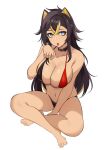  1girl absurdres azmi_yudista bare_arms bare_legs bare_shoulders barefoot bikini black_bikini black_choker blue_eyes breasts choker commentary dark_skin dehya_(genshin_impact) genshin_impact hair_between_eyes hand_up highres large_breasts legs long_hair looking_at_viewer navel pointy_hair red_bikini simple_background solo stomach swimsuit thighs toes tongue tongue_out two-tone_bikini very_long_hair white_background 
