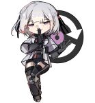  1girl absurdres black_gloves black_shorts blueblossom chibi commentary finger_to_mouth full_body girls&#039;_frontline gloves grey_hair highres jacket looking_at_viewer purple_eyes rpk-16_(girls&#039;_frontline) short_hair shorts shushing simple_background smile solo thighhighs white_background 