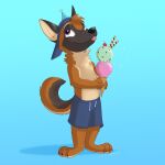  2023 anthro barefoot black_nose blep blue_background bottomwear brown_body brown_fur canid canine canis clothed clothing domestic_dog feet food fur hat head_tuft headgear headwear hi_res holding_food holding_ice_cream_cone holding_object ice_cream_cone male mammal neck_tuft party_hat ribbontini shorts signature simple_background solo standing tongue tongue_out topless tuft 