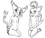  anthro avian bandai_namco biyomon butt clothed clothing digimon digimon_(species) duo feathers felid feline female gatomon gloves handwear kneeling mammal monochrome mostly_nude navel nipples nude raised_arm reddragonkan ring traditional_media_(artwork) 