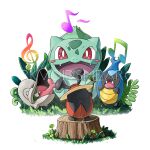  :d artist_name bright_pupils bulbasaur closed_eyes commentary darkvoiddoble fangs grass karrablast kricketot music musical_note open_mouth pokemon red_eyes shelmet singing smile standing tongue tree_stump u_u white_background white_pupils 