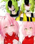  2girls amy_rose angry animal_ears bare_shoulders black_hair blue_eyes blush breasts choker cleavage clenched_teeth closed_mouth dress ear_piercing gloves green_eyes green_hair hair_between_eyes hairband half-closed_eyes hedgehog_ears hedgehog_girl humanization large_breasts looking_at_viewer medium_breasts multicolored_hair multiple_girls open_mouth piercing pink_hair red_dress red_hairband simple_background smile sonic_(series) spiked_choker spikes surge_the_tenrec tearing_up teeth two-tone_hair usa37107692 white_background white_gloves wide-eyed 