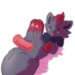  black_body black_fur blue_eyes feet female female_penetrated feral fur generation_5_pokemon genitals hi_res inner_ear_fluff legs_together mrcat11 nintendo paws penetration penis pokemon pokemon_(species) raised_leg red_body red_fur red_paws red_penis simple_background tail toes tuft vaginal vaginal_penetration zorua 