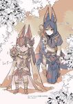  2boys animal_ear_fluff animal_ears animal_hood artist_name asymmetrical_sleeves bush cape closed_mouth commentary commentary_request cyno_(genshin_impact) dark-skinned_male dark_skin fake_animal_ears flower fox_boy fox_ears fox_tail full_body genos genshin_impact gloves hair_between_eyes hair_over_one_eye hand_on_knees hat headpiece holding hood hoodie jackal_ears kilt kneeling male_focus monochrome multicolored_hair multiple_boys outdoors power_level streaked_hair tail tighnari_(genshin_impact) ts_desert twitter_username 