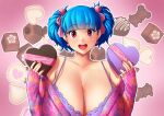  1girl absurdres bangs blue_hair breasts chocolate cleavage earrings erkaz food hair_ribbon hands_up highres holding holding_chocolate holding_food huge_breasts jewelry looking_at_viewer medium_hair open_mouth original outline pink_ribbon red_eyes red_nails ribbon rina_atherina smile solo upper_body veins veiny_breasts white_outline 