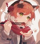  ! 1girl animal_ear_fluff animal_ears arknights beret black_headwear black_necktie brown_background brown_hair brown_jacket cat_ears chopsticks collared_shirt commentary_request flower food hair_flower hair_ornament hands_up hat highres holding holding_chopsticks jacket long_sleeves looking_away mousse_(arknights) multicolored_hair necktie open_clothes open_jacket red_flower red_scarf scarf shirt solo tantantantan24391 two-tone_background two-tone_hair upper_body white_background white_hair white_shirt 