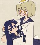  2girls adpx bangs black_eyes black_hair black_ribbon black_sailor_collar black_skirt blonde_hair blush breasts bright_pupils egg_hair_ornament expressionless food-themed_hair_ornament glasses hair_between_eyes hair_ornament highres holding_another&#039;s_head lap_pillow large_breasts long_hair long_sleeves multiple_girls mushroom_on_head neck_ribbon no_sclera open_mouth pleated_skirt raised_eyebrows red-framed_eyewear ribbon sailor_collar school_uniform serafuku shimeji_simulation short_hair sitting skirt smile tsukushima_shijima white_pupils white_serafuku yamashita_majime yellow_eyes 