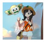  1girl bag bangs bare_shoulders bird black_hair blue_sky border braid closed_mouth cloud commentary eyelashes flat_chest floral_print flower grey_eyes handbag hat hat_flower hibiscus hibiscus_print highres leaf long_hair orange_tank_top outdoors owl palm_tree pink_flower pocket pokemon pokemon_(creature) pokemon_(game) pokemon_usum print_tank_top puffy_shorts rowlet selene_(pokemon) shorts single_bare_arm sky smile solo standing swept_bangs symbol-only_commentary tank_top tree twin_braids white_border white_shorts yellow_bag yellow_headwear yxyx_ika z-ring 