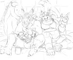  2015 anthro arm_around_shoulder armor biped clothed clothing container cup dragon duo eating food hair horn male monochrome open_mouth ruze scalie signature sitting talking_to_another tomei_(zerofox1000) western_dragon wings zerofox1000 