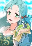  1girl :d aqua_hair blue_sky bow braid breasts chloe_(fire_emblem) cleavage cloud commentary_request day dress earrings fire_emblem fire_emblem_engage food green_dress green_eyes hair_bow hanabana_cho holding holding_food jewelry long_hair looking_at_viewer open_mouth red_bow sandwich sky smile solo upper_body 