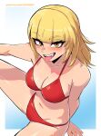  1girl absurdres arm_support bangs bikini blonde_hair blunt_bangs blush boku_no_hero_academia breasts cleavage collarbone dashi fangs highres looking_at_viewer navel open_mouth red_bikini smile solo swimsuit toga_himiko tongue tongue_out 