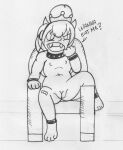  anatomically_correct anklet biped bowser_jr. chair crown dialogue fangs female furniture genitals headgear horn humanoid jewelry koopa mario_bros monochrome nintendo nipples nude pussy reddragonkan scalie sitting solo teeth text throne traditional_media_(artwork) transformation 