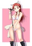  agahari animal_ears ass_visible_through_thighs bare_shoulders bikini breasts cleavage long_hair medium_breasts microphone microphone_stand minna-dietlinde_wilcke red_eyes red_hair scarf shiny shiny_skin side-tie_bikini solo strike_witches swimsuit tail white_bikini world_witches_series 
