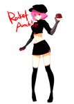  bad_id bad_pixiv_id black_legwear cabbie_hat clothes_writing crop_top dual_wielding elbow_gloves gloves hat holding holding_poke_ball midriff miniskirt navel nr_(cmnrr) pink_eyes pink_hair poke_ball poke_ball_(generic) pokemon short_hair side_slit simple_background single_letter skirt solo team_rocket team_rocket_grunt thighhighs white_background zettai_ryouiki 