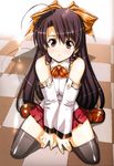  absurdres ahoge bare_shoulders blush checkered checkered_floor copyright_request hair_ribbon highres kneeling long_hair perspective ribbon skirt solo thighhighs urushihara_satoshi 