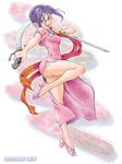  china_dress chinese_clothes delta-e dress dual_wielding glasses green_eyes high_heels holding legs md5_mismatch original panties purple_hair shoes solo sword underwear weapon 