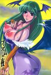  1girl areolae ass bare_shoulders bat bats blush breasts capcom darkstalkers demon_girl elbow_gloves female gloves green_hair head_wings headwings highres huge_breasts large_areolae long_hair morrigan_aensland nipples red_eyes skin_tight smile solo stick_nipples succubus sweat vampire_(game) wings 