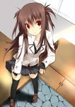  black_legwear blush brown_hair foreshortening kuwashima_rein long_hair md5_mismatch open_mouth original red_eyes school_uniform serafuku solo thighhighs tororo_inniina zettai_ryouiki 