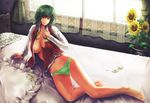  bad_proportions bed breasts cleavage flower green_eyes green_hair green_panties kazami_yuuka large_breasts mocchi no_pants open_clothes open_shirt panties pillow room shirt short_hair solo sunflower touhou underwear 