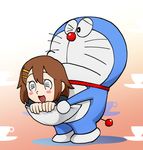  =_= brown_hair crossover doraemon doraemon_(character) fujiko_f_fujio_(style) hirasawa_yui k-on! one_eye_closed parody pocket short_hair style_parody ueyama_michirou 