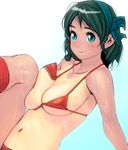  aqua_eyes bad_id bad_pixiv_id bikini blush breast_press breasts cleavage copyright_request gradient gradient_background green_hair knee_to_chest large_breasts looking_to_the_side masao one-piece_tan short_hair simple_background smile solo swimsuit tan tanline wet 