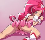  ass bad_id bad_pixiv_id boots bow cure_blossom hanasaki_tsubomi heartcatch_precure! hun knee_boots long_hair looking_back lying magical_girl on_stomach panties pink pink_background pink_bow pink_eyes pink_hair ponytail precure ribbon solo underwear upskirt very_long_hair 