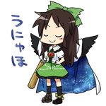  arm_cannon black_hair blush cape chibi closed_eyes face full_body hand_on_hip long_hair reiuji_utsuho solo touhou transparent_background unyu weapon wings yamabuki_(yusuraume) 