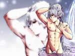  1boy claws grey_hair inuyasha long_hair lowres male muscle nipples nude pubic_hair scar sesshoumaru silver_hair solo tattoo wading water waterfall 