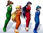  4girls aino_minako bishoujo_senshi_sailor_moon blonde_hair blue_eyes blue_hair blush bondage bound brown_hair cleavage gag green_eyes high_heels hino_rei karosu-maker kino_makoto long_hair mizuno_ami mummification ponytail sailor_jupiter sailor_mars sailor_mercury sailor_venus shadow short_hair simple_background violet_eyes violet_hair 