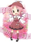  :d blush brown_eyes chibi fang hat highres musical_note mystia_lorelei open_mouth pigeon-toed pink_hair shoes short_hair smile solo touhou winged_shoes wings yamabuki_(yusuraume) 