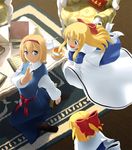 alice_margatroid armchair blonde_hair blue_eyes book bow chair chu_(artist) doll hair_bow no_shoes open_book outstretched_hand pantyhose shanghai_doll short_hair smile solo string touhou 