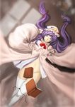  book bottomless censored convenient_censoring crescent dutch_angle hat highres long_hair lying nine-bullet-revolver panties panty_pull patchouli_knowledge purple_eyes purple_hair side-tie_panties solo thighhighs touhou underwear 