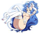  animal_ears ass big_hair blue_eyes blue_hair blush breasts cat_ears cat_tail fang felicia fur hairband heart isuka large_breasts long_hair lying navel on_back paw_print solo tail thighhighs vampire_(game) very_long_hair 