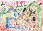  breasts censored cirno crossover flat_chest flower hatsune_miku killinghouse_salt nude poorly_drawn rainbow sex touhou translated vocaloid what yuri 