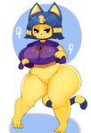  animal_crossing ankh ankha_(animal_crossing) anthro bedroom_eyes big_breasts blue_hair breasts cat cleft_of_venus clothed clothing colored egyptian eyeshadow feline hair half-closed_eyes imago_ic looking_at_viewer makeup mammal nintendo pussy seductive shirt smile solo text thick_thighs video_games voluptuous wide_hips 