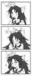  3koma artist_request blush comic greyscale hair_ribbon hand_on_another's_head hands heart monochrome petting reiuji_utsuho ribbon silent_comic touhou 