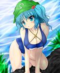  aqua_eyes aqua_hair bad_id bad_pixiv_id blue_eyes blue_hair breasts hair_bobbles hair_ornament hat highres kawashiro_nitori key large_breasts one-piece_swimsuit school_swimsuit short_hair solo swimsuit toranashi touhou twintails two_side_up water wet 