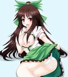 ass bad_id bad_pixiv_id black_hair blush bow breasts green_bow hair_bow large_breasts long_hair nipples open_clothes open_shirt panties red_eyes reiuji_utsuho second_heaven shirt skirt skirt_lift smile solo touhou underwear white_panties 