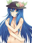  alternate_eye_color aogu blue_eyes blue_hair breast_hold breasts covering covering_breasts food fruit hat highres hinanawi_tenshi long_hair navel nude peach solo touhou upper_body 