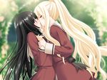  black_hair blonde_hair blush chin_grab closed_eyes day embarrassed game_cg imminent_kiss kirishima_shizuku kiss long_hair multiple_girls open_mouth outdoors peko ponytail profile red_eyes school_uniform serafuku shitogi_eris sono_hanabira_ni_kuchizuke_wo st._michael's_school_uniform surprised very_long_hair wrist_grab yuri 