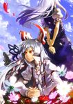  arm_hug back-to-back bow daisy day dress flower fujiwara_no_mokou hair_bow hands hands_clasped holysnow kamishirasawa_keine multiple_girls own_hands_together petals red_eyes silver_hair sitting sky smile standing suspenders touhou wind 