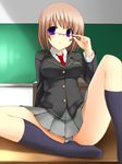  bad_id bad_pixiv_id blue_eyes blush brown_hair classroom glasses highres indoors necktie original panties pantyshot school_uniform short_hair skirt solo tsukumiya_amane underwear 