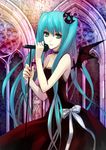  absurdres aqua_eyes aqua_hair ask_(askzy) bad_id bad_pixiv_id bat_wings bow choker crown dress green_hair hatsune_miku highres long_hair microphone microphone_stand smile solo strapless strapless_dress twintails very_long_hair vocaloid wings 