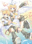  1girl animal bad_id bad_pixiv_id blonde_hair blue_eyes brother_and_sister detached_sleeves feathers fish hair_ornament hairclip headset kagamine_len kagamine_rin musical_note open_mouth ron_(lovechro) short_hair shorts siblings sleeveless twins vocaloid wings 