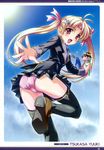  absurdres antenna_hair ass black_legwear blonde_hair blush copyright_request fang food hair_ribbon highres ice_cream long_hair looking_back necktie outstretched_arm outstretched_hand panties reaching red_eyes ribbon school_uniform shoes solo thighhighs tsukasa_yuuki twintails underwear 