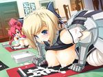  2girls armor bent_over blonde_hair blue_eyes bow breasts calligraphy carpet chair crea_falias_le_falmal door emilia_shera_ditritte frown game_cg gauntlet gauntlets hardwood hime-sama_gomeirei_wo! himesama_gomeirei_wo! huge_breasts indoors joy_ride kanji kneeling lactation milk mistake multiple_girls nervous nipples open_mouth red_hair ribbon sweat table undead_(studio) 