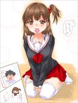  1girl bad_id bad_pixiv_id brown_hair check_translation chocolate condom condom_in_mouth hair_bobbles hair_ornament kanda_aya kneeling mouth_hold original side_ponytail thighhighs translated translation_request zettai_ryouiki 